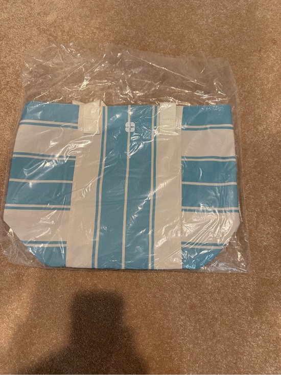 Pureology Handbags - Pureology Light Blue and White Striped Tote with Purple Lining